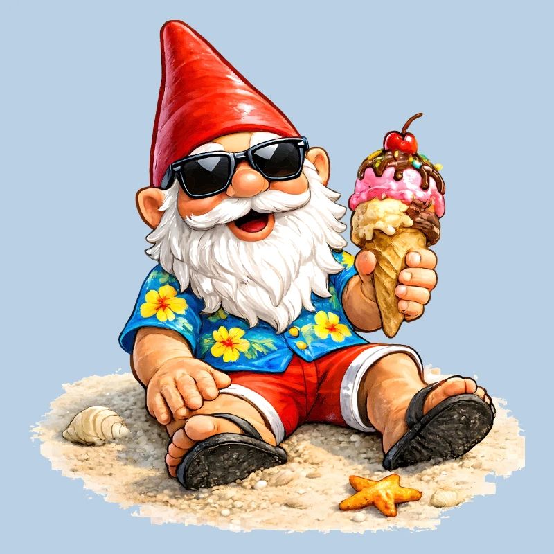 Gartenzwerg am Strand mit Eis in der Hand  