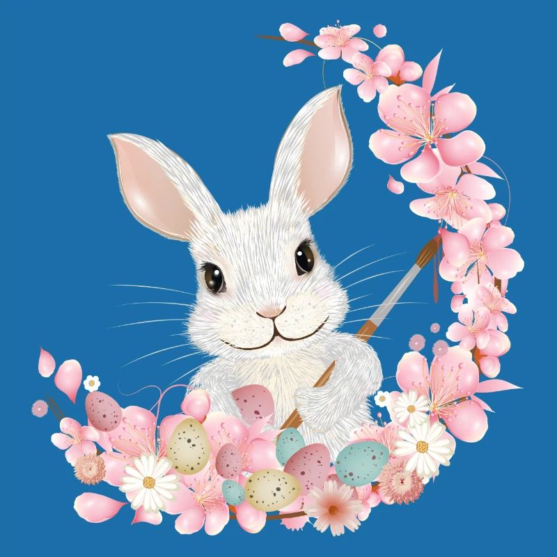 white easter bunny with flowers and brush for easter