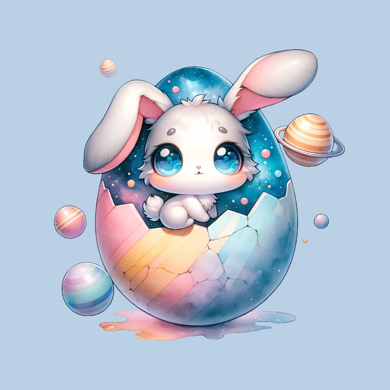 Chibi Space Bunny Sitting In a Cracked Easter Egg