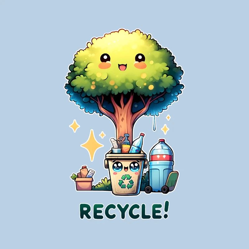 Recycle Chibi Cute Tree With Recycle Bin Earth Day