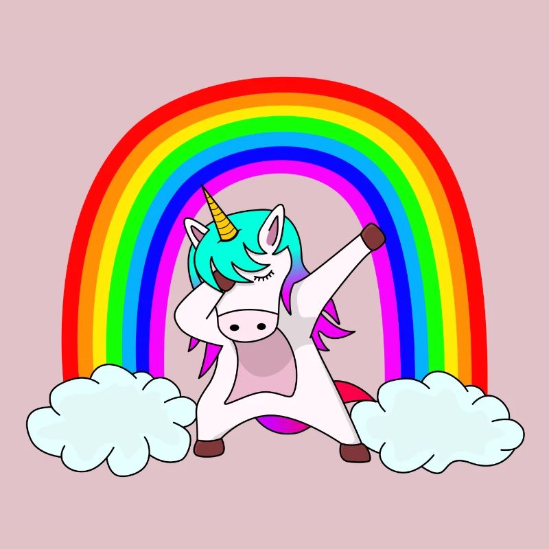 Mignon dabbing licorne devant l’arc-en-ciel coloré