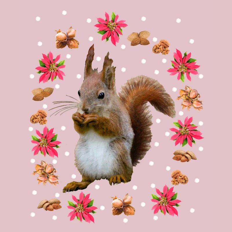 Squirrels with nuts, poinsettia, hazelnut