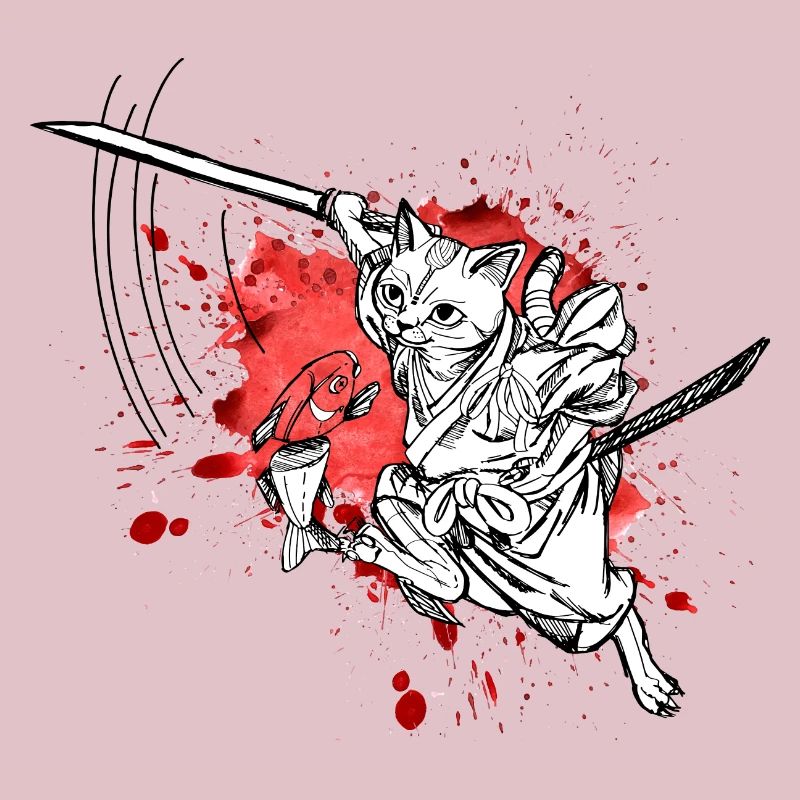Chat samouraï mignon avec épée et poisson, éclaboussures