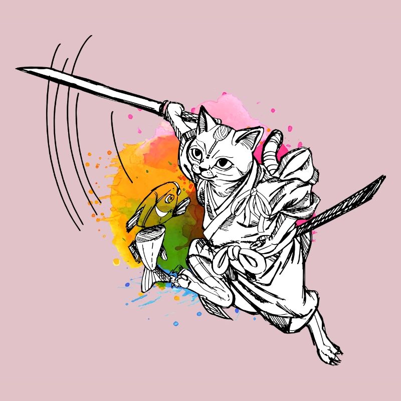 Chat samouraï mignon avec épée et poisson, couleurs