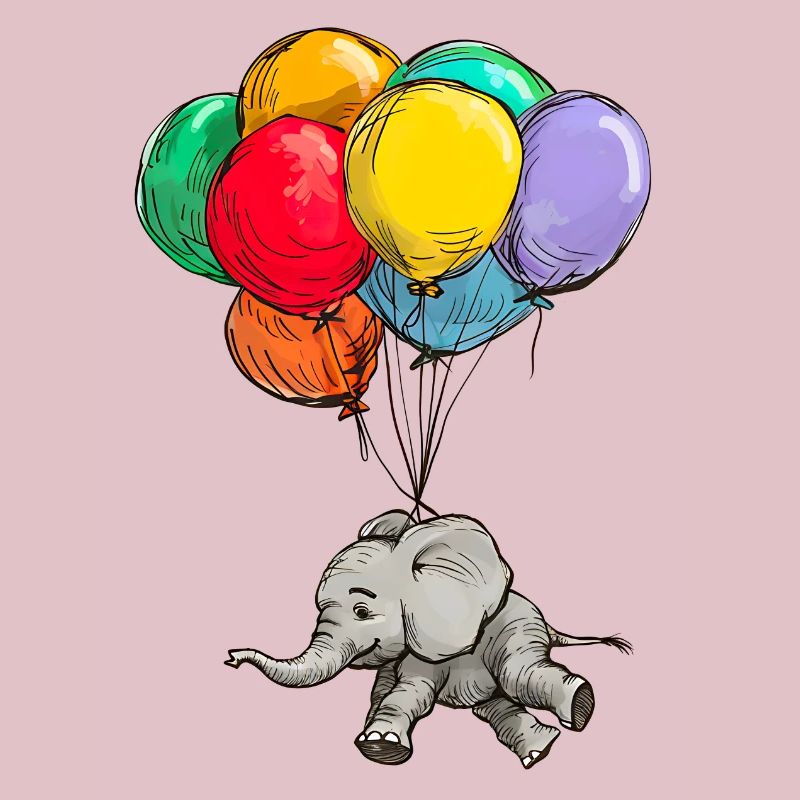 Elefant schwebt mit Bunten Luftballons