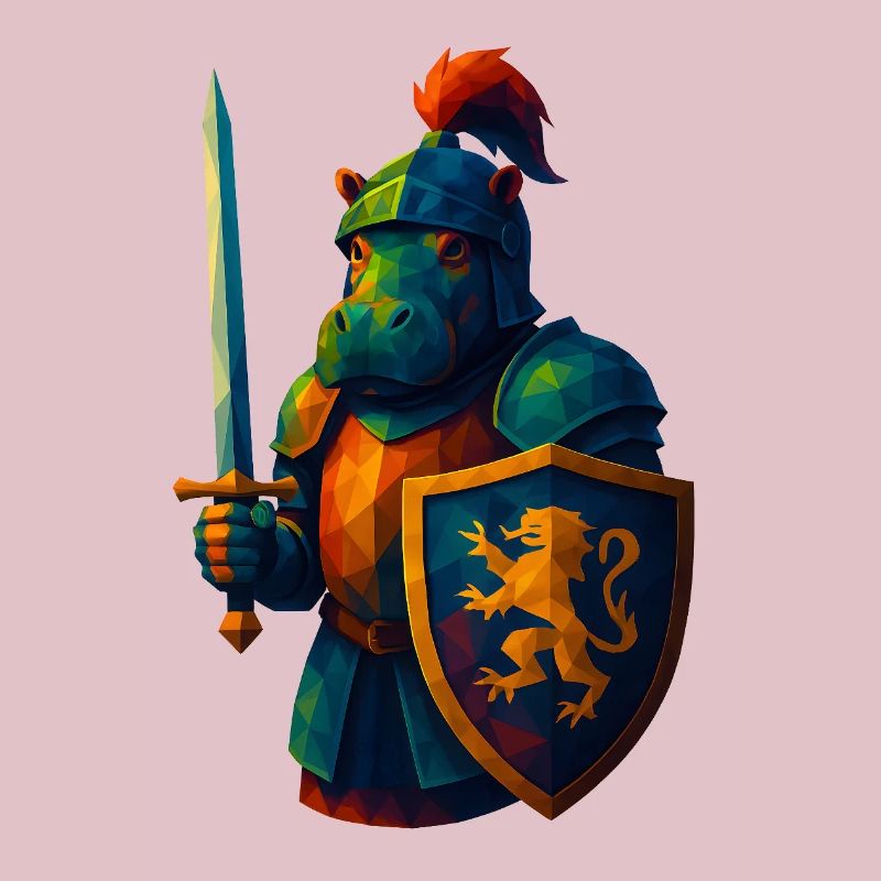 Animaux de style WPAP - Hippopotame avec armure de chevalier, épée
