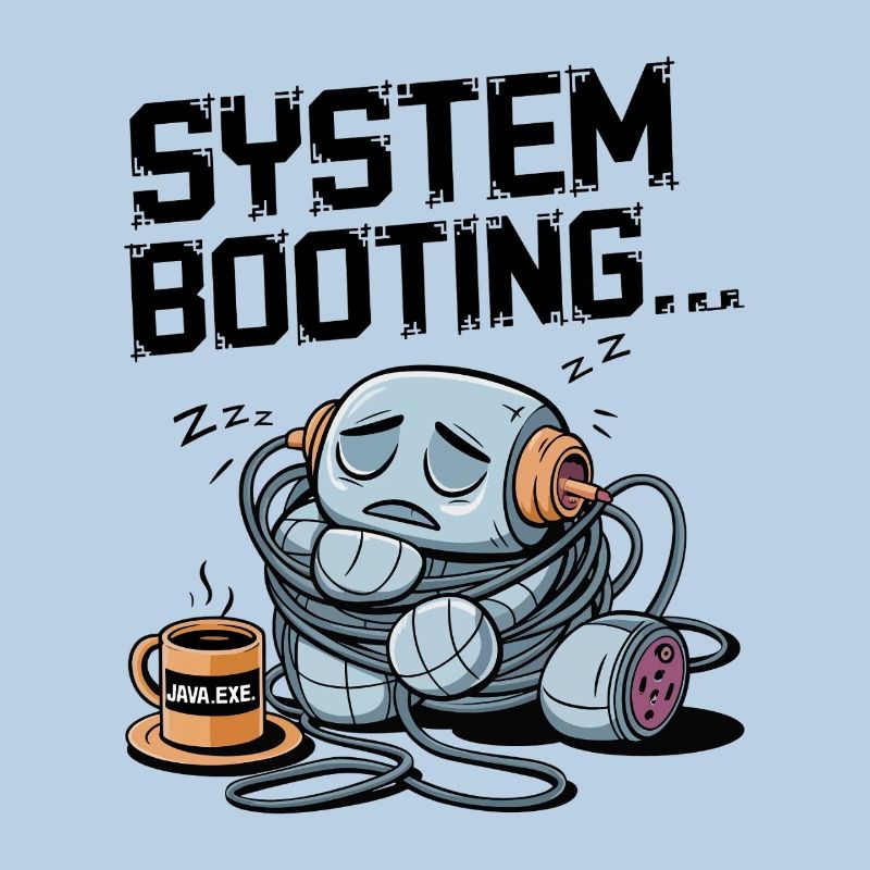 Sleepy Robot Booting with Java.exe Coffee – Funny