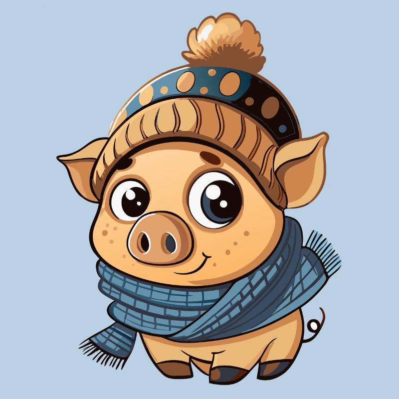Mignon cochon avec écharpe et chapeau à pompon.