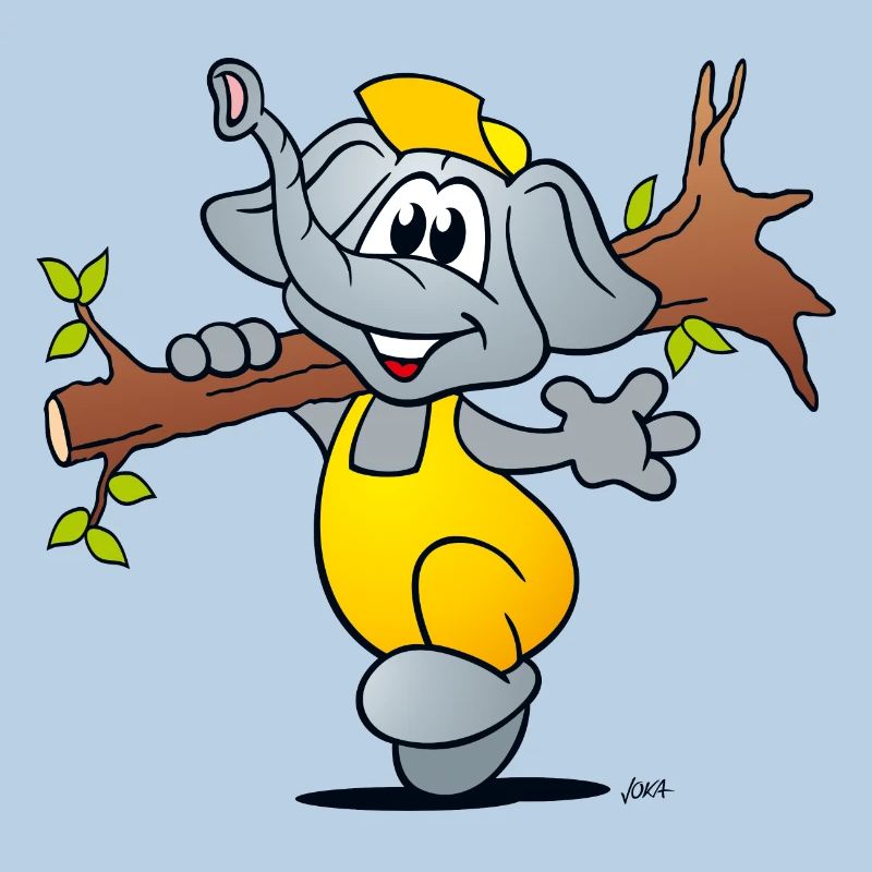 Comic elephant laughingly carries a tree