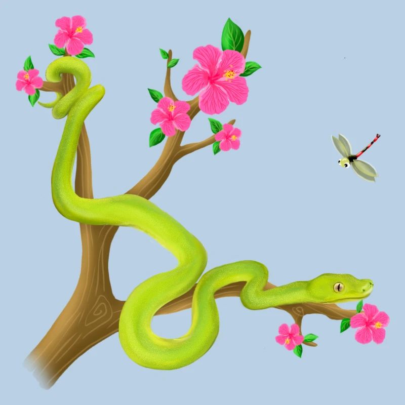 Le serpent Python vert sur l’arbre avec des fleurs