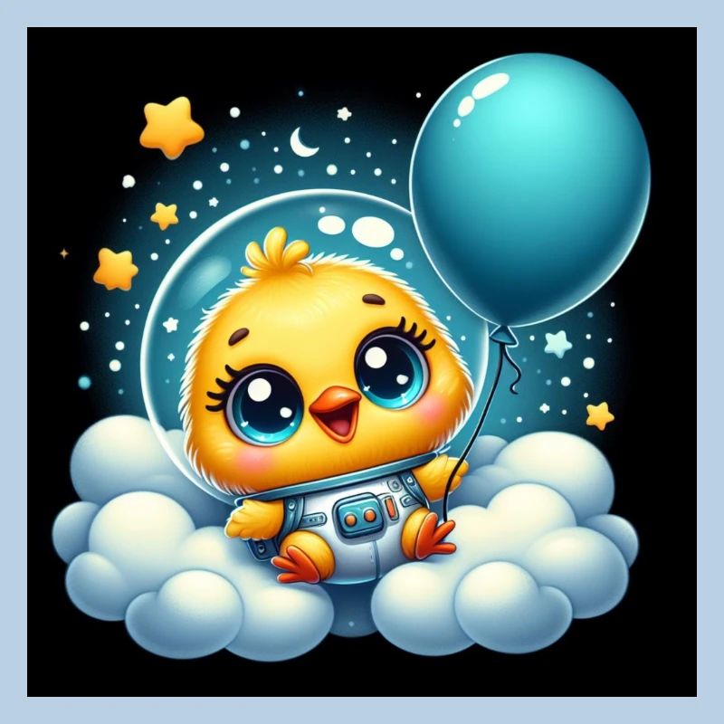 Space chick with blue balloon on a cloud