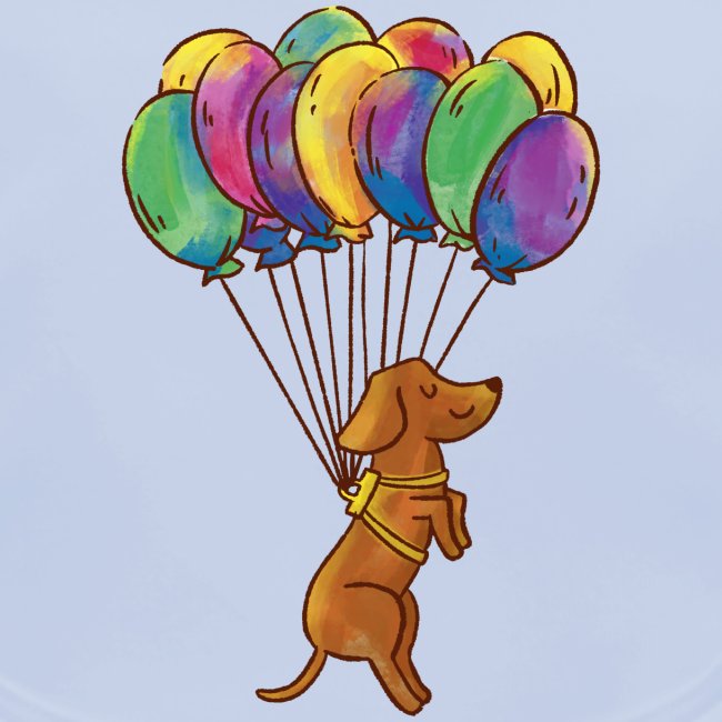 Hund fliegt mit Luftballons