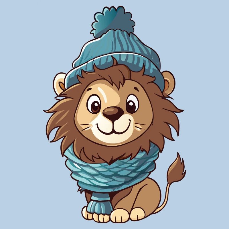 Mignon lion avec écharpe et chapeau à pompon.