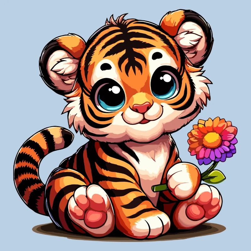 Bébé tigre mignon avec une fleur à la main