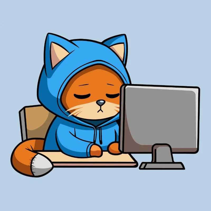 Un chat hacker mignon dort dans un sweat à capuche devant le PC
