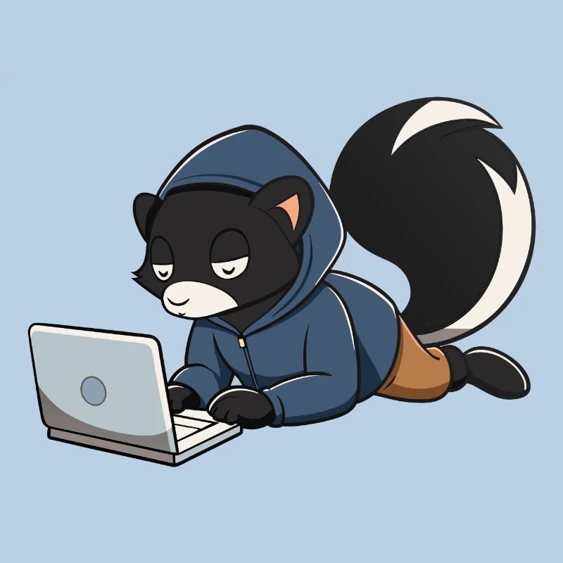 Mignonne mouffette hacker en sweat à capuche devant le PC