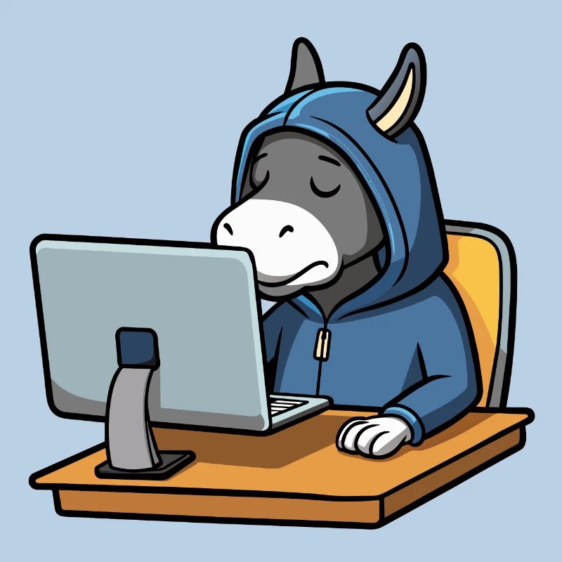 Un mignon âne hacker dort dans un sweat à capuche devant le PC