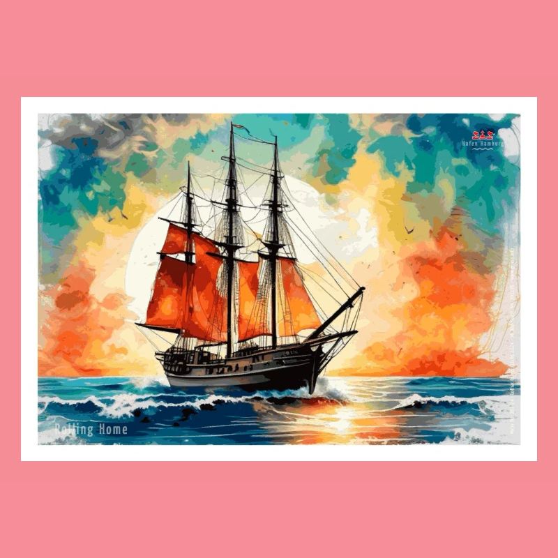 Red sailing ship at sunset