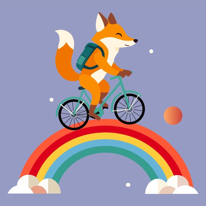 Cheerful fox on bicycle over rainbow