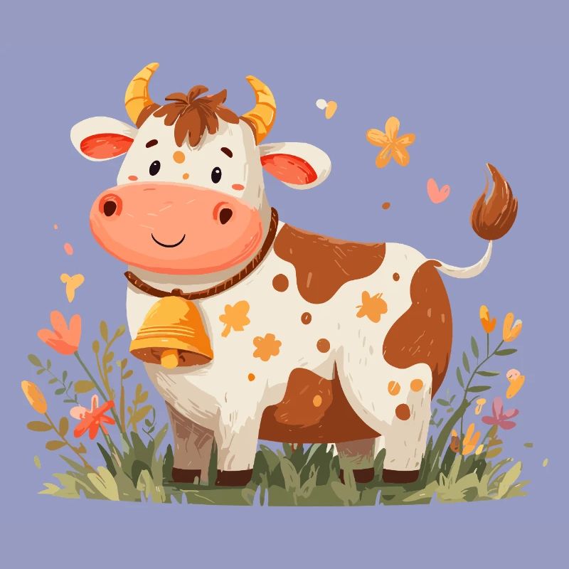 Vache avec clochette dans un champ de fleurs