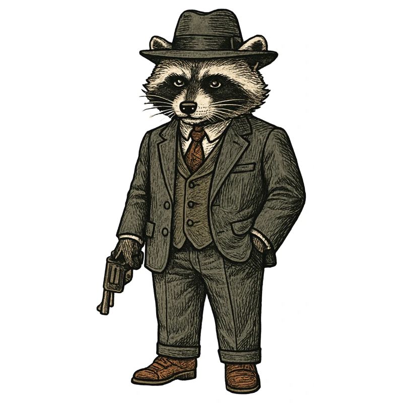 Eleganter Mafiaboss Waschbär im Anzug mit Hut