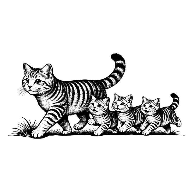 Mère chatte avec 3 chatons, noir et blanc
