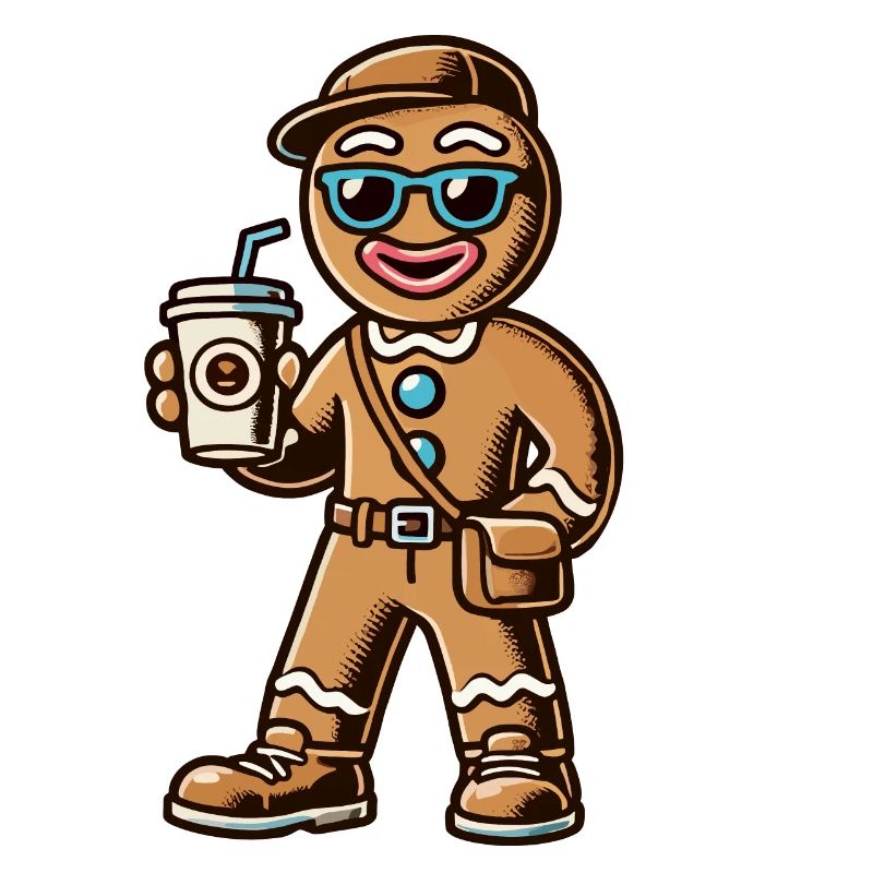 Funny gingerbread man with coffee for Christmas