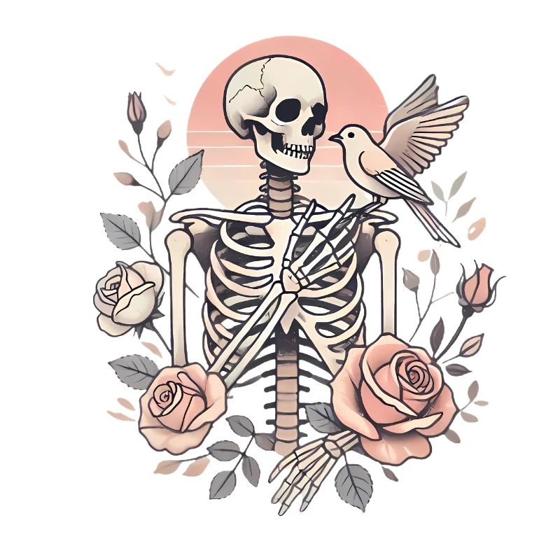 Roses squelettes avec illustration d’oiseau