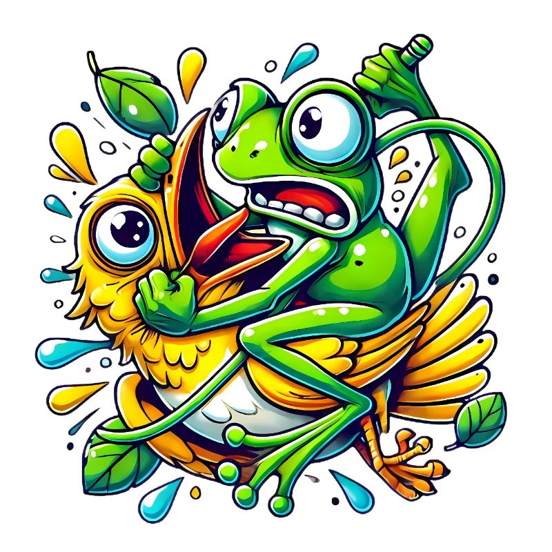 drôle de grenouille s’accrochant à un oiseau dessin animé