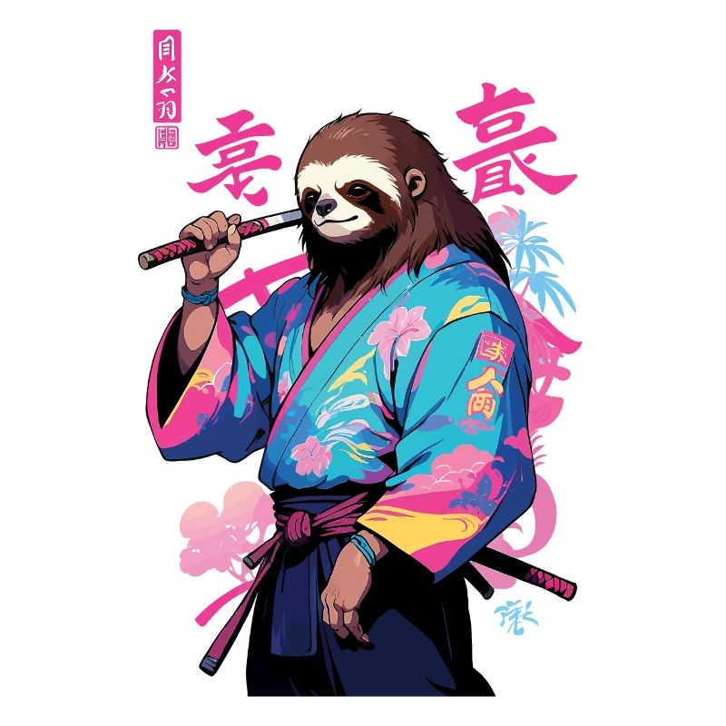 Samurai Sloth Aesthetic Vaporwave Style Art