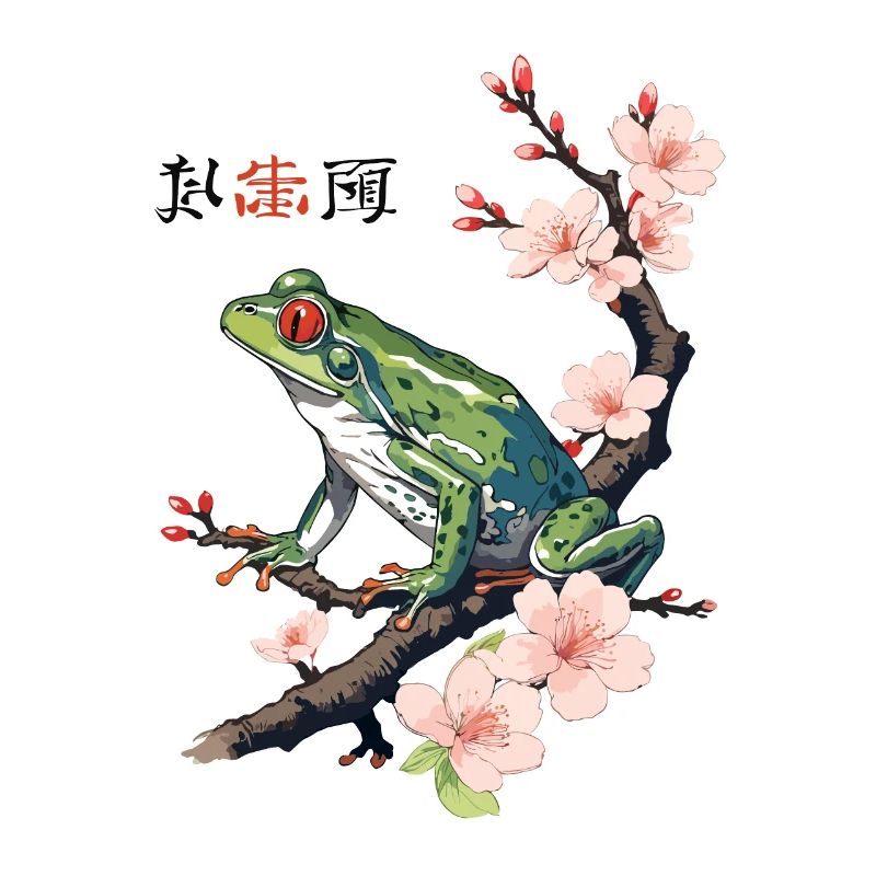 Japanese Tree Frog Cherry Blossoms Retro