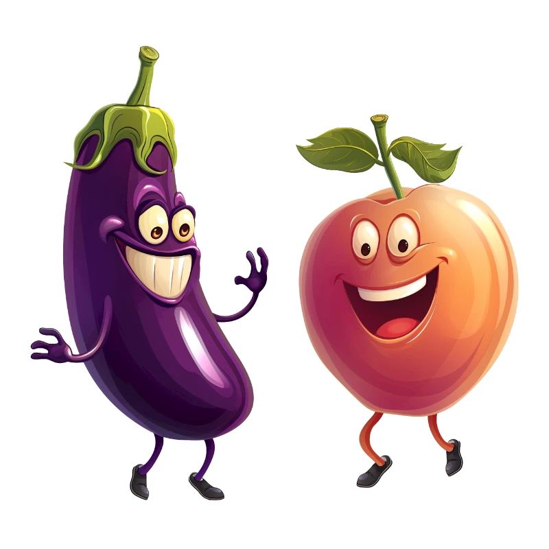 L’aubergine et la pêche heureuses ensemble
