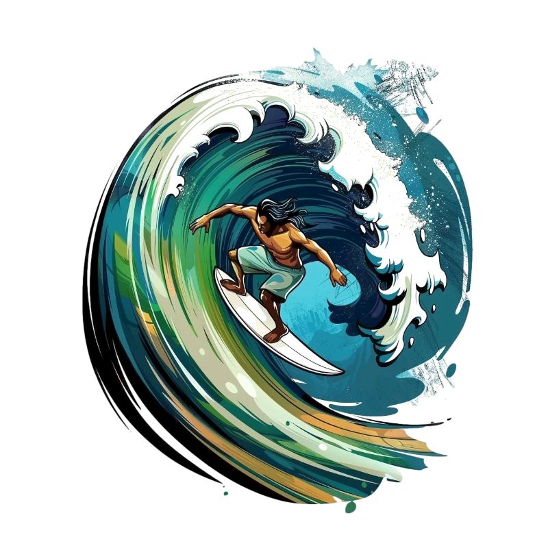 Surfeur sur une grosse vague dans une illustration 2D