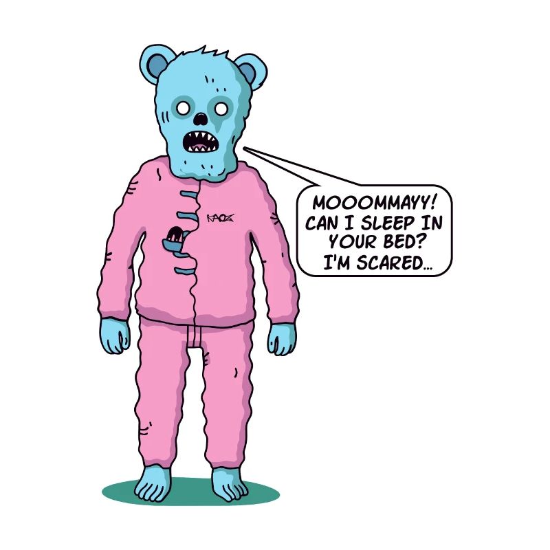 Cute zombie bear doesn't sleep, needs mom