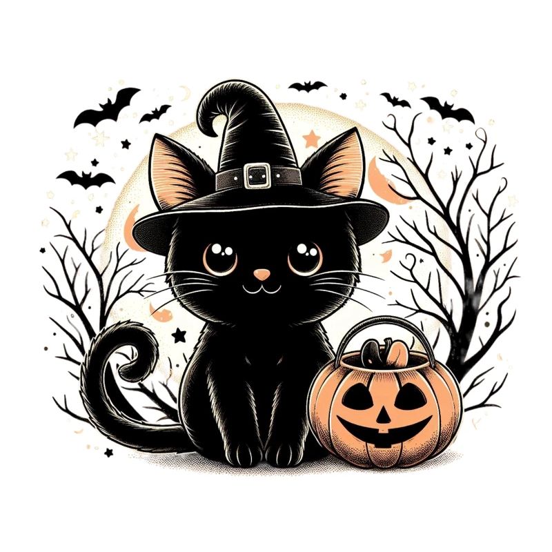 Cute black kitten witch halloween