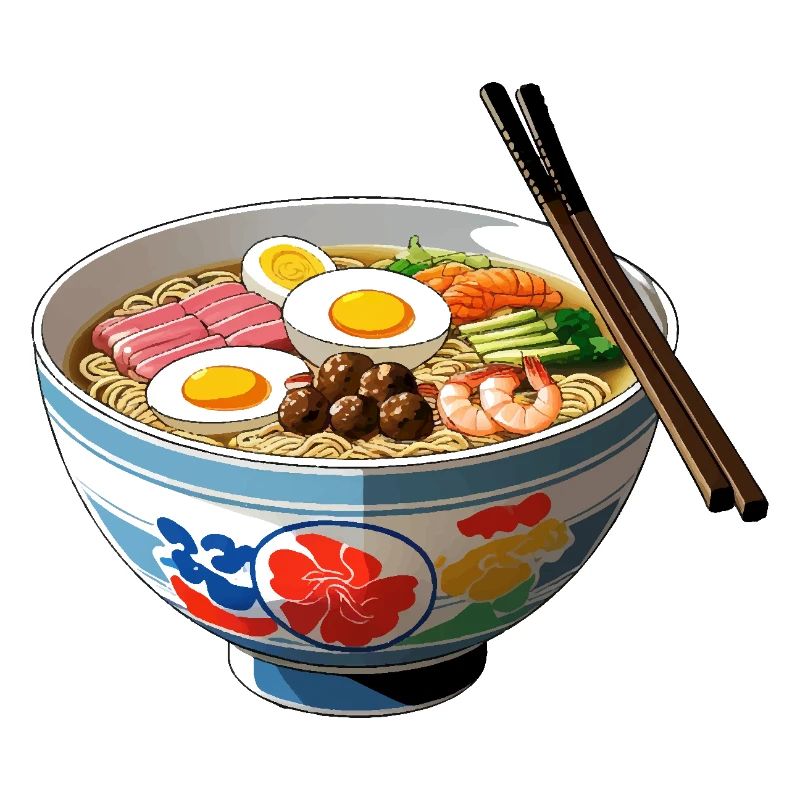 Ramen Bowl Illustration with Egg Shrimp