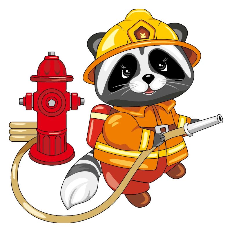 Cute raccoon firefighter with a hydrant