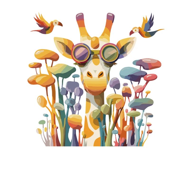 Girafe dans un jeu de couleurs avec une forêt de champignons