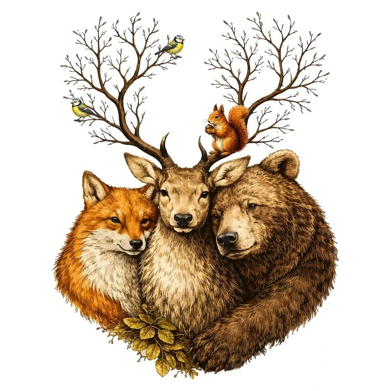 Forest Animals United – Deer Fox Bear Illustration