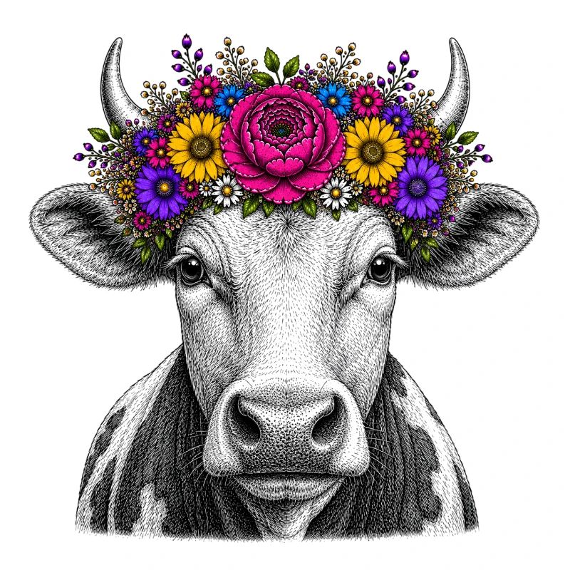 Vache avec couronne de fleurs