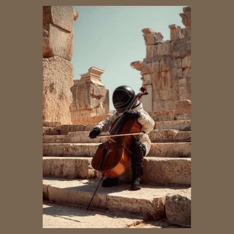 Futuristic Astronaut Playing Cello on Ancient Step
