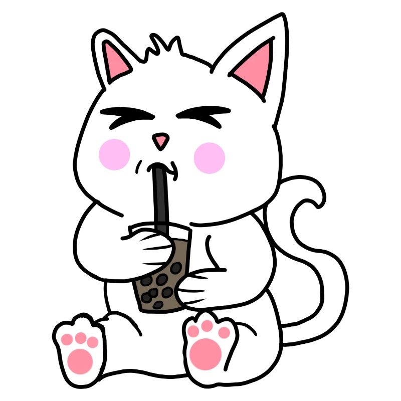 Bubble Tea Drinking White Cat Anime Kawaii