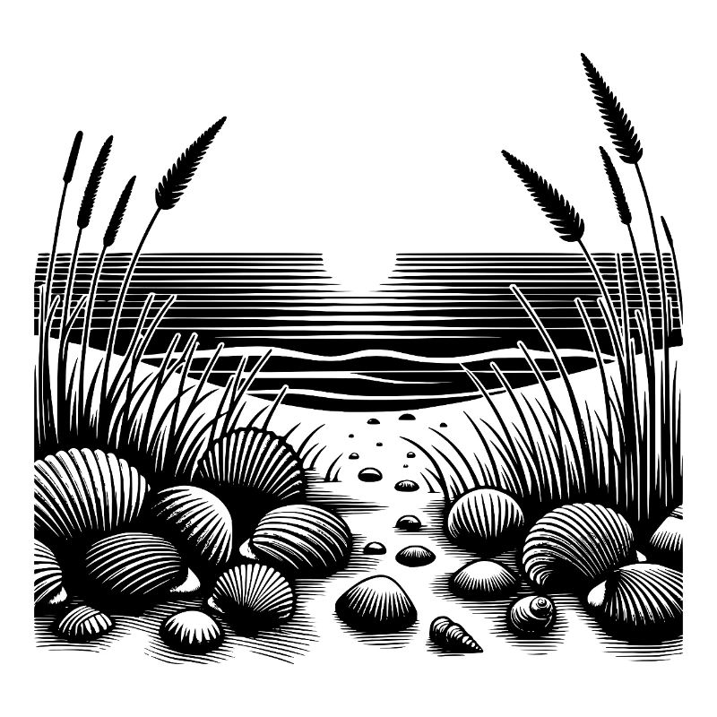 Sunset on the beach with tropical seashells
