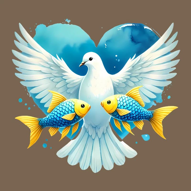 Colombe de la paix avec poisson cœur bleu