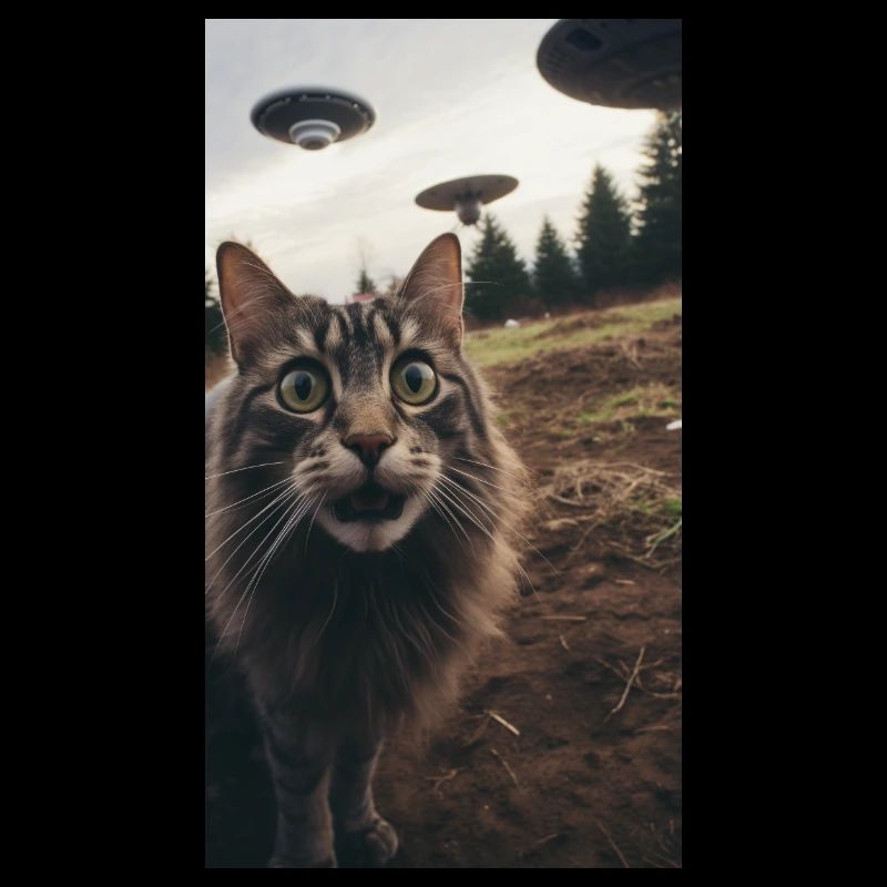 Funny Cat Selfie Scared with Ufos in Background