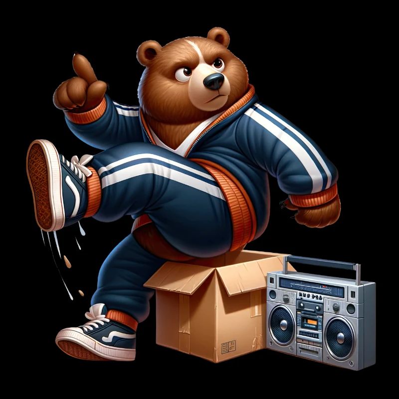 A 80s bear doing breakdance next to a boombox.