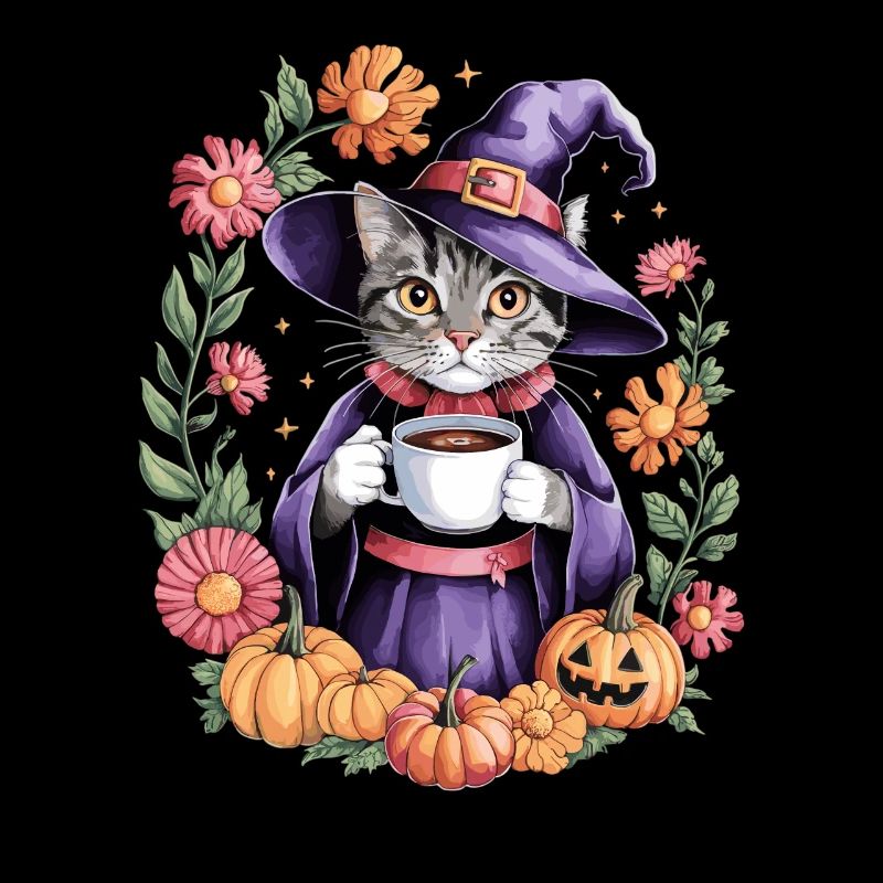 Chat sorcière Halloween avec des citrouilles et des fleurs