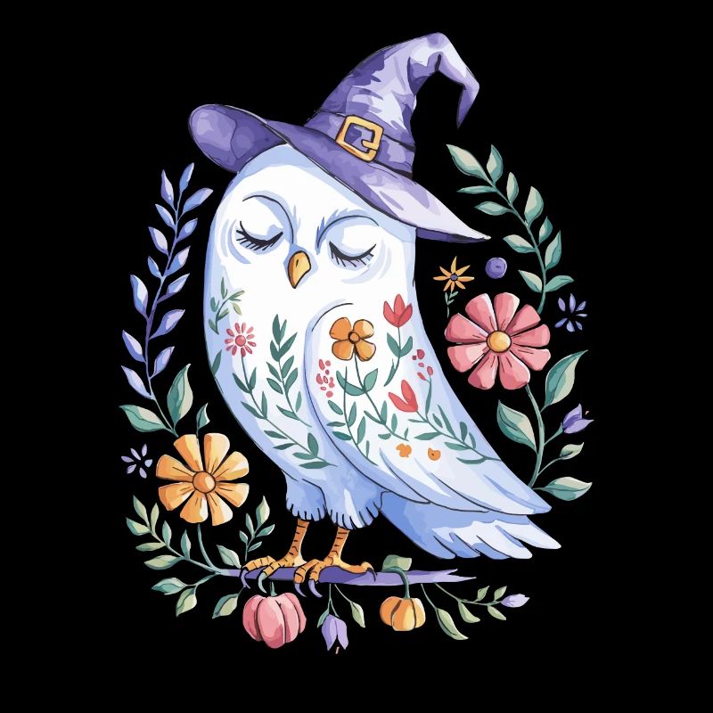 Chouette d'Halloween avec chapeau de sorcière et fleurs