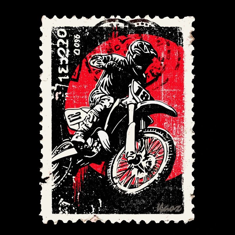 Pilote de motocross devant un timbre-poste soleil rouge
