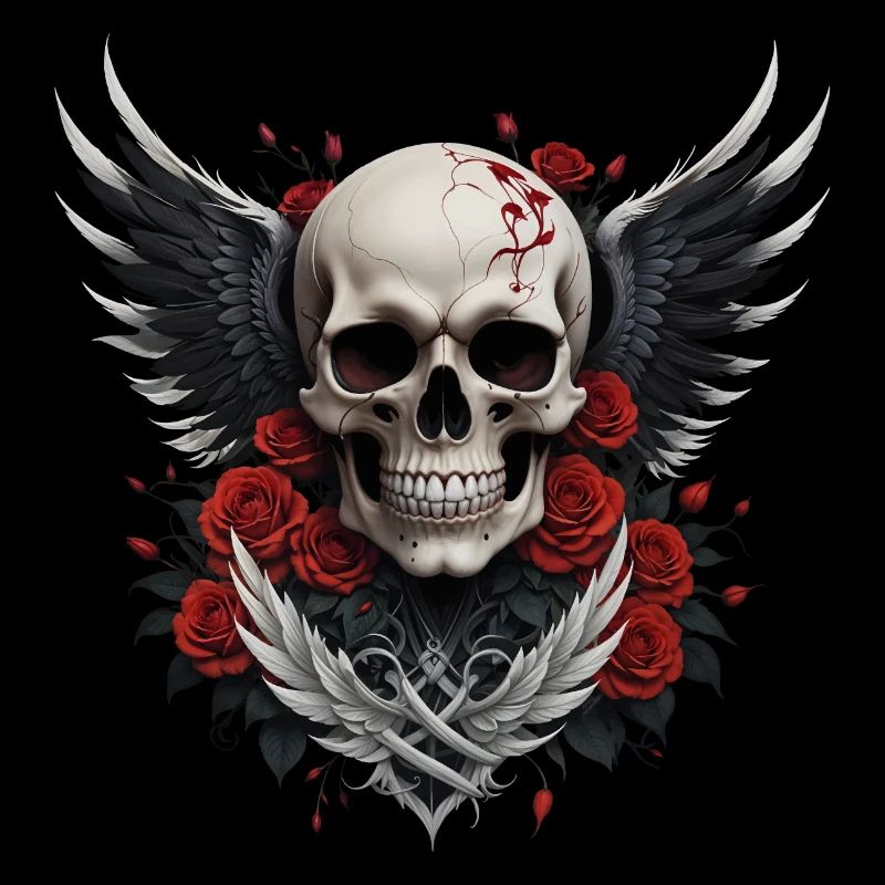 Winged skull & red roses, gothic, skull
